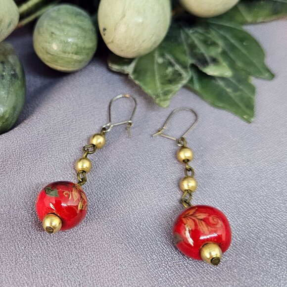 Red Ceramic Beaded Earrings, w/ Flower Design, & gold tone accent beads - 2" - Picture 4 of 7